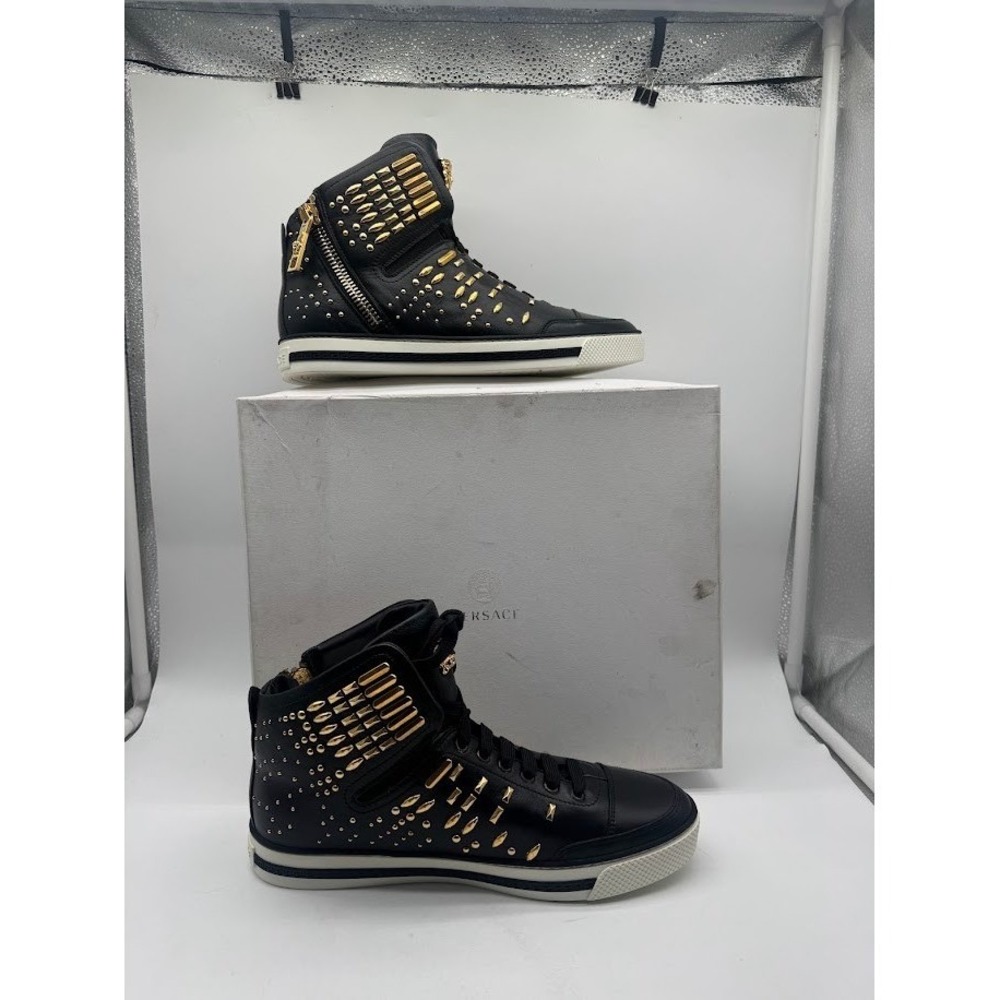 Versace Mens 41.5 US 8.5 Medusa Gold Studded Black Leather High Top Sneakers